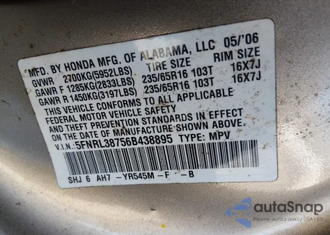2006 Honda Odyssey Ex-L z USA, uszkodzony, nr VIN 5FNRL38756B438895
